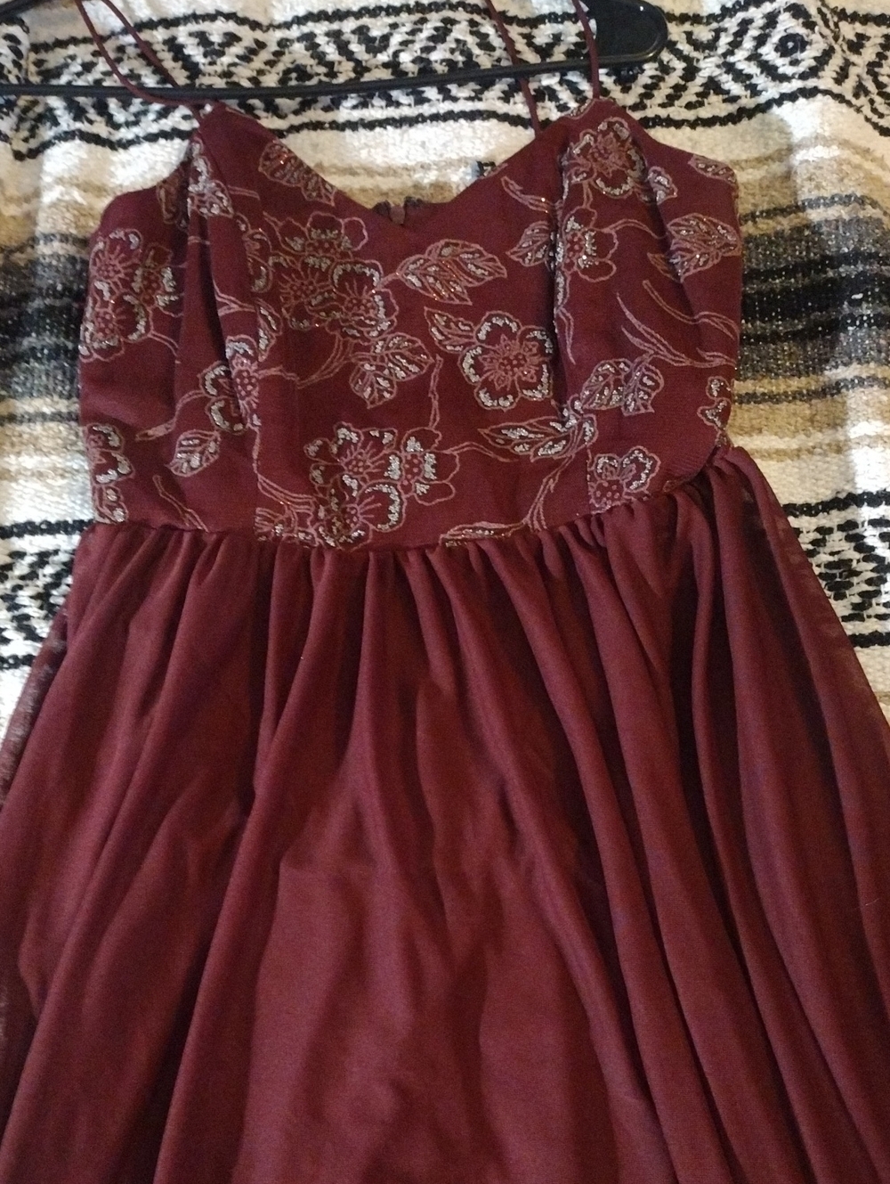 Floral Bodice Spaghetti-Strap Dress in Burgundy